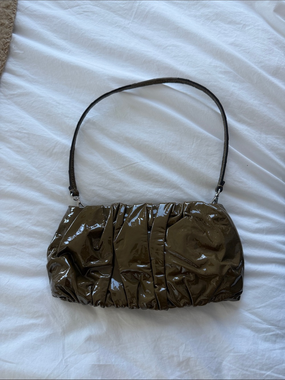 STAUD Patent Gathered Shoulder Bag in Brown
